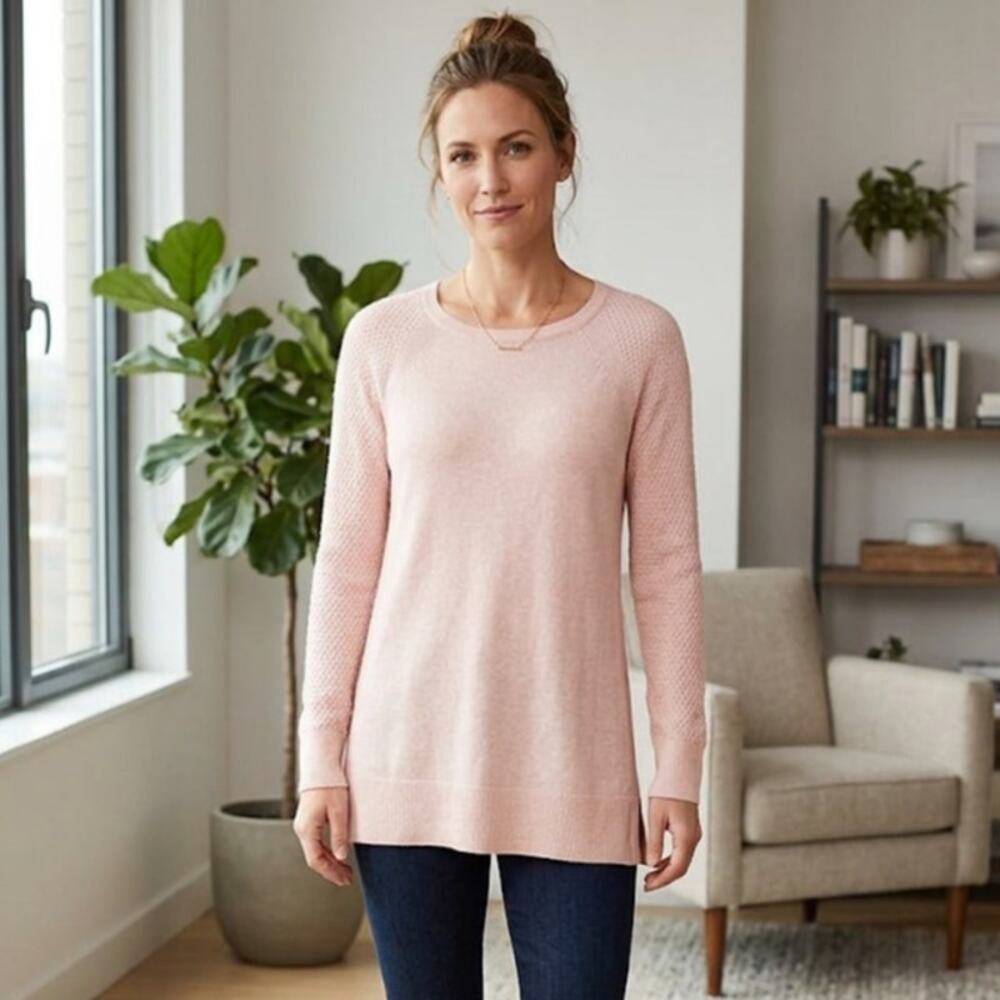 LOFT Light‎ Pink Textured Sleeve Tunic Sweater Scoop Neck Relaxed Womens Small